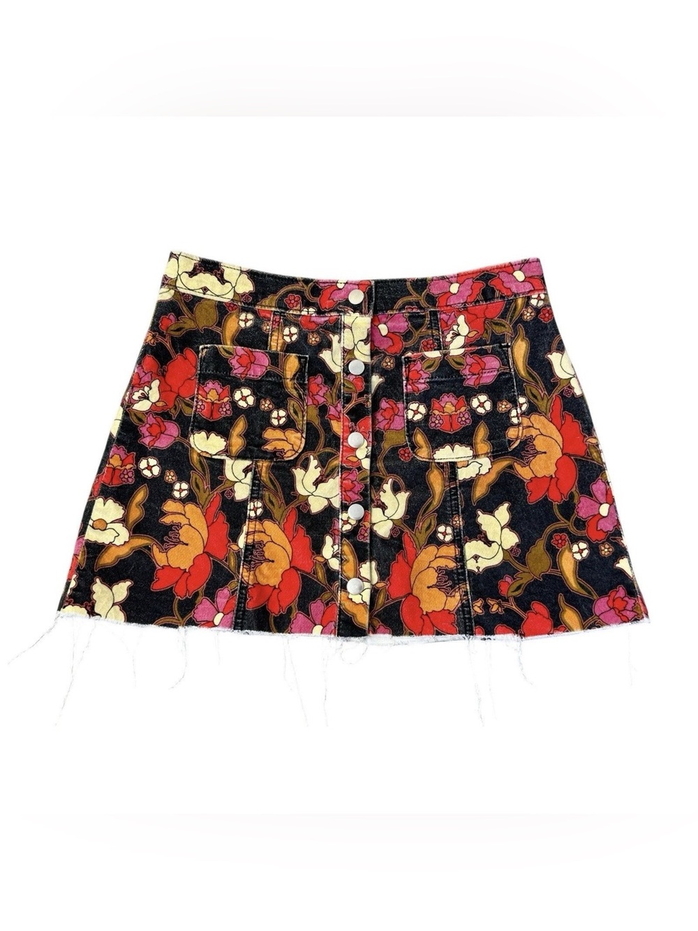 Urban Outfitters Floral Denim Mini Skirt Raw Hem Snap Front Size Small